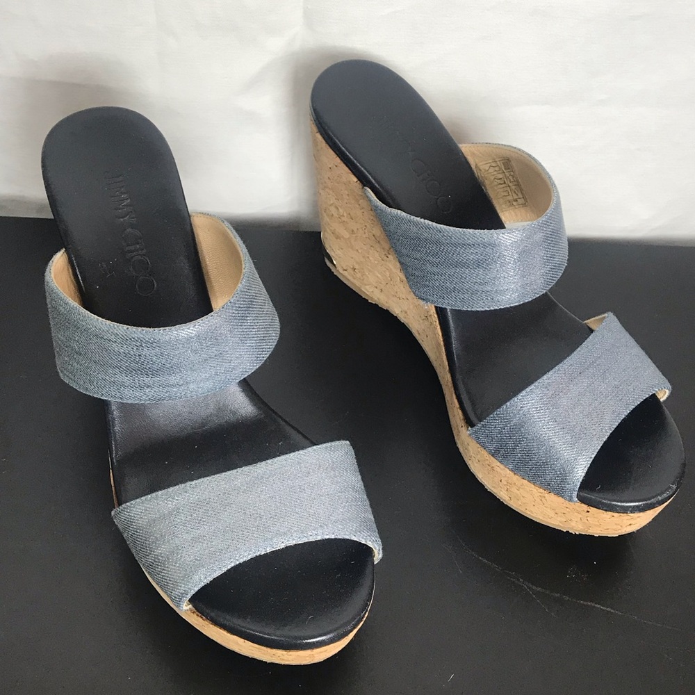 Jimmy Choo Women’s Blue Parker Mettalic Denim and Cork Mules Wedge Shoes 9.5